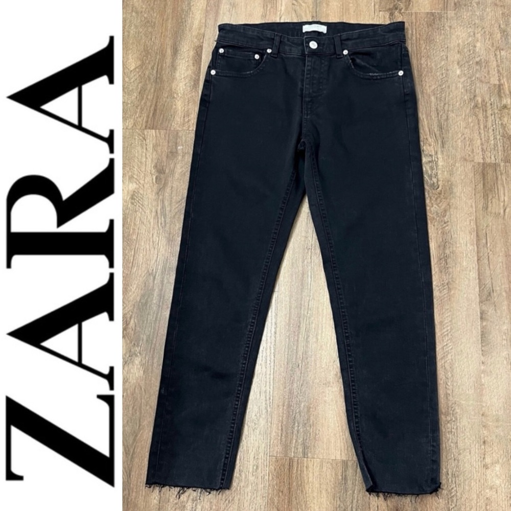 Zara‎ Woman Premium Denim Collection Black Raw Hem Straight Leg Jeans
